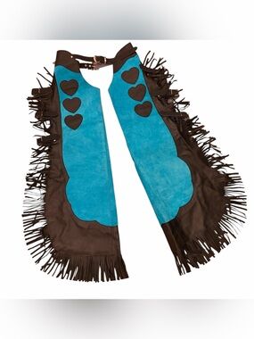 Turquoise Suede & Black Leather Fringe Chaps with Heart Appliqués